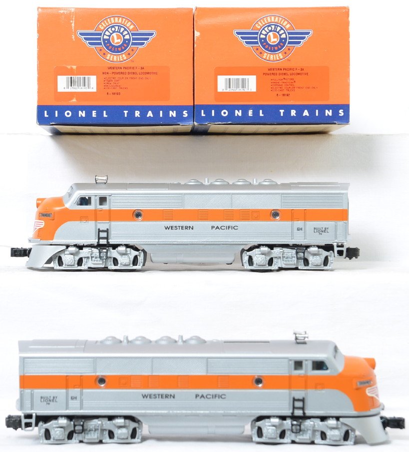 Lionel Postwar Celebration Series Western Pacific F-3: Lionel modern O gauge 18191 Postwar Series Western Pacific F3 A-A Set. Includes 18192 Powered Diesel A Unit, 18193 Non-Powered A Unit. Powered unit features TMCC, Railsounds, and more. Locos are C8 wi
