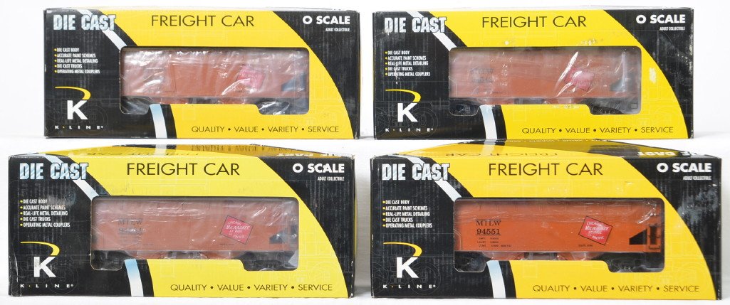 4 Milwaukee Road K Line die cast hoppers: K Line modern O gauge Milwaukee Road two bay die cast hoppers in OBs. Four cars all K6251-1372. Cars are C8 and OBs have some mild shelf wear.
