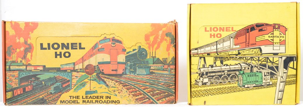 Lionel Postwar HO 5715 5721 freight sets in OBs: Lionel Postwar HO 5715 and 5721 freight sets in original boxes. 5715 includes a Rio Grande diesel AA set, Reading piggyback flat car, NKP flat car with airplane, New York Central boxcar, Gulf tank car