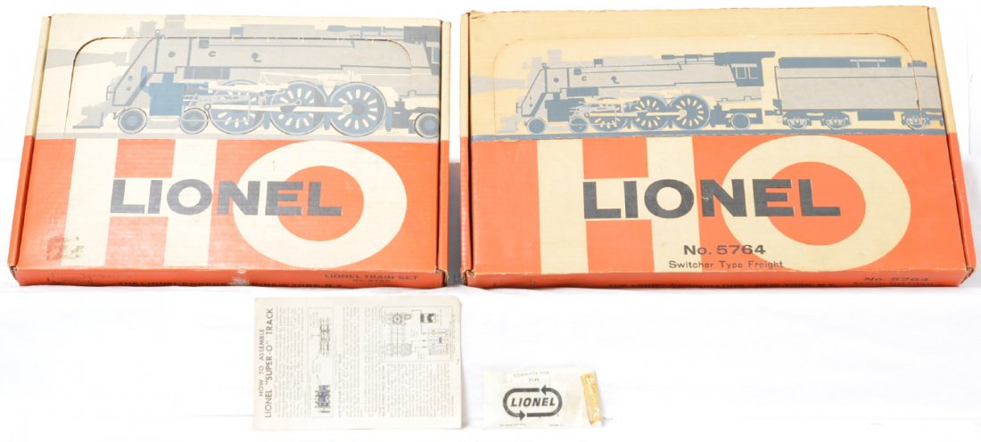 Lionel Postwar HO 5760 5764 freight sets in OBs: Lionel Postwar HO 5760 and 5764 freight sets in original boxes. _x000B__x000B_5760 consists of 0057 Union Pacific husky switcher, 0805 Seaboard flat car, 0850 missile firing flat car, 0847 explosives 