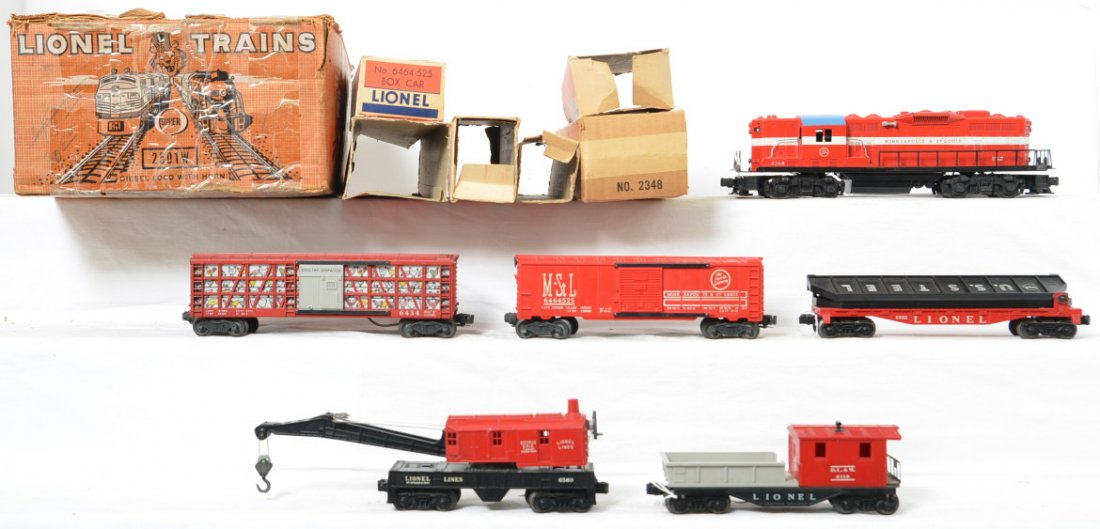 Lionel Postwar O gauge 2501W Minneapolis and St. Louis: Lionel Postwar O gauge 2501W Minneapolis and St. Louis GP-9 set in original box with mostly rough inner boxes. the set consists of 2348 Minneapolis and St. Louis GOP-9 diesel locomotive, 6802 flat car