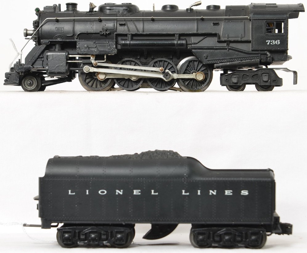 Lionel Postwar O gauge 736 Berkshire & 2671W tender: Lionel Postwar O gauge 736 Berkshire & 2671W tender. The set looks very nice in the C7 range but has a small amount of mildew that will need to be cleaned off of both pieces.