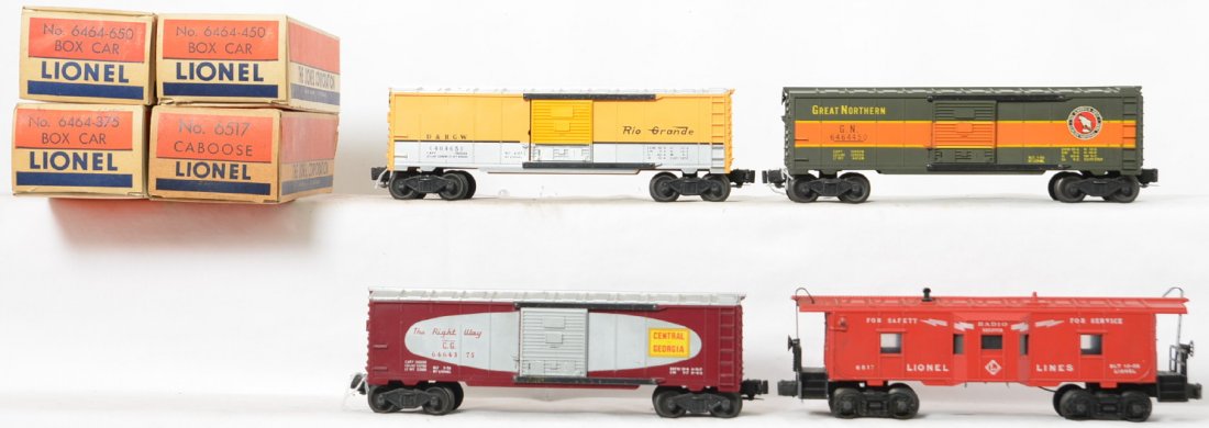 Lionel Postwar O gauge 6517 6464 -375 -450 -650 in OBs: Lionel Postwar O gauge 6517 bay window caboose, 6464 boxcars to include -375 Central of Georgia, -450 Great Northern and -650 Rio Grande in original boxes, C6-7 trains, boxes range from very nice to m