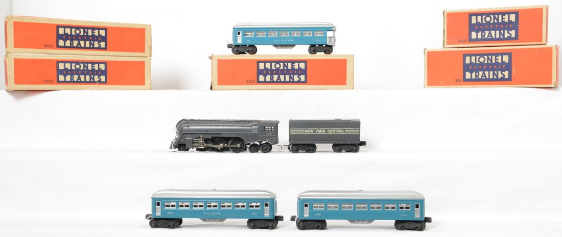 Lionel Postwar O gauge 1400 set with 221 steam: Lionel Postwar O gauge 1400 passenger set to include 221 Empire State steam locomotive with 221T New York Central tender, two 2430 Pullman cars (one is missing the Pullman stamp on one side) and a 243