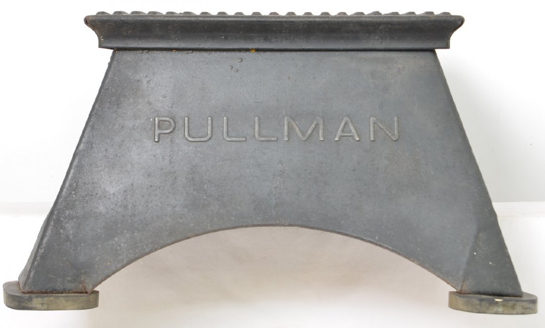 Pullman embossed passenger car step box: Pullman embossed passenger car step box. Exterior of the box has been repainted black, but the silver on the underside appears to be original. No major damage or rust.