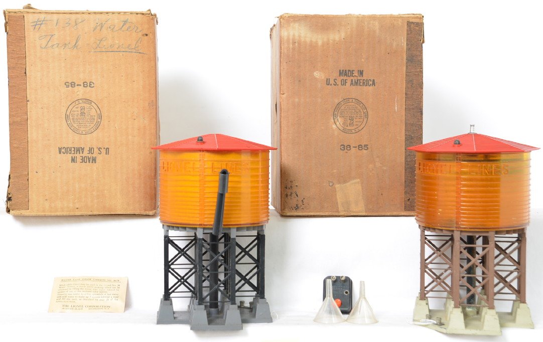 Lionel Postwar O gauge 30 and 38 water towers in OBs: Lionel Postwar O gauge 30 and 38 water towers in original boxes. No. 30 tower has a double wall but is not a water pumping variety, also equipped with a red roof and black trestle section, water funne