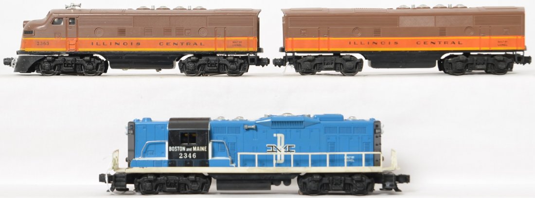 Lionel Postwar O gauge 2363 Illinois Central F3 AB &: Lionel Postwar O gauge 2363 Illinois Central F3 AB & 2346 Boston and Maine GP-9. All three pieces look C6+ to C7 but have had the roof fans and other parts painted silver, no battery damage or screw c