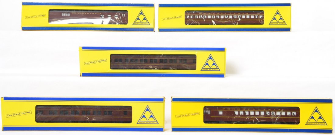 American Models modern S scale Hi-rail Tuscan: American Models modern S scale Hi-rail Tuscan Pennsylvania passenger set in original boxes to include 70Ã• RPO, 70Ã• Coach, two 80Ã• Pullman (12-1 and 10-1-2) and 70Ã• combine cars, C9-10 