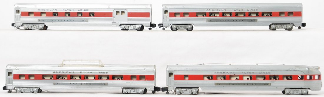 American Flyer postwar S gauge 960 961 962 963 red: American Flyer postwar S gauge red stripe passenger car set to include 960 Columbus combine, 961 Jefferson Pullman, 962 Hamilton vista dome and 963 Washington observation, C6 to C6+.