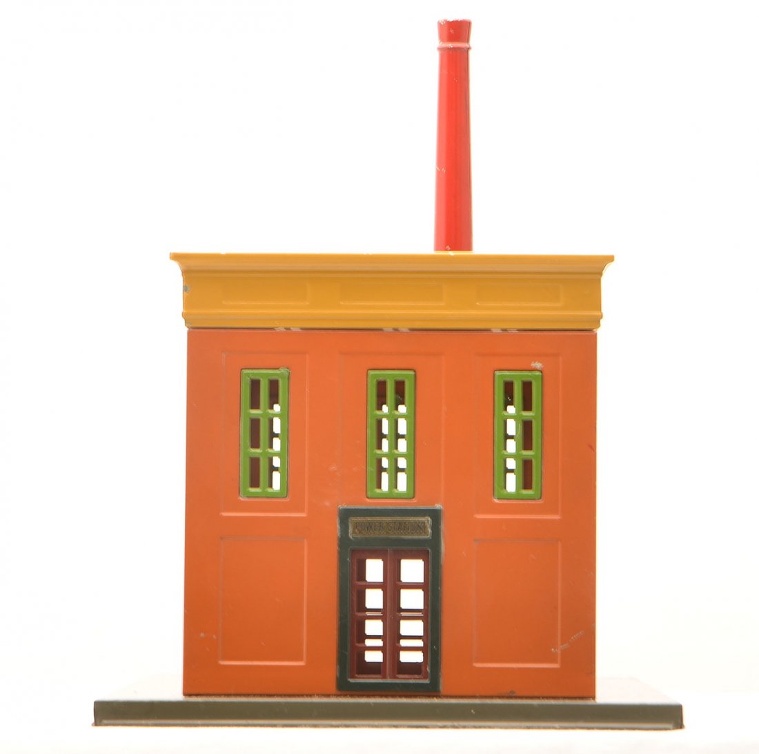 Lionel Std. Ga. 436 Power Station w/T.Cotta Walls: Lionel prewar standard gauge 436 power station with gray base, terra cotta walls, mustard cornice, dark green window and door frames, pea green window inserts and skylight, maroon doors, Mojave chimne