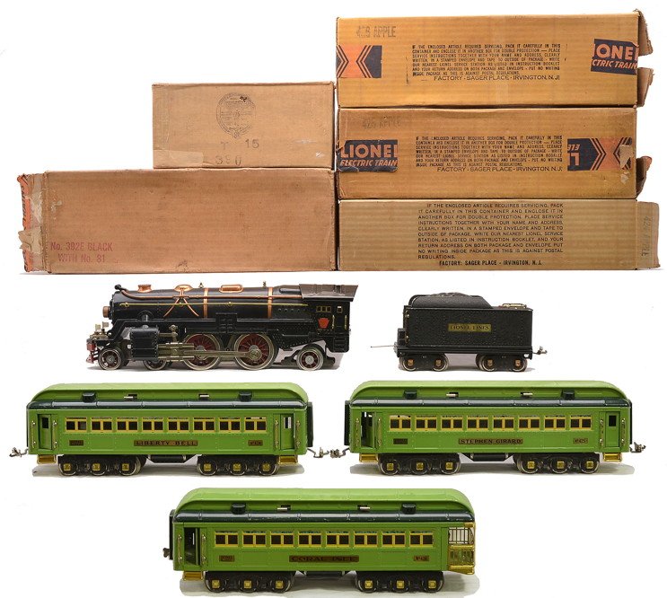 Lionel PRR Limited Stephen Girard Set 378E OBs: Lionel prewar standard gauge Pennsylvania Limited Stephen Girard green passenger set no. 378E, circa 1934 in individual OBs including; 392E black steam loco with brass and copper trim, 384T harder to 