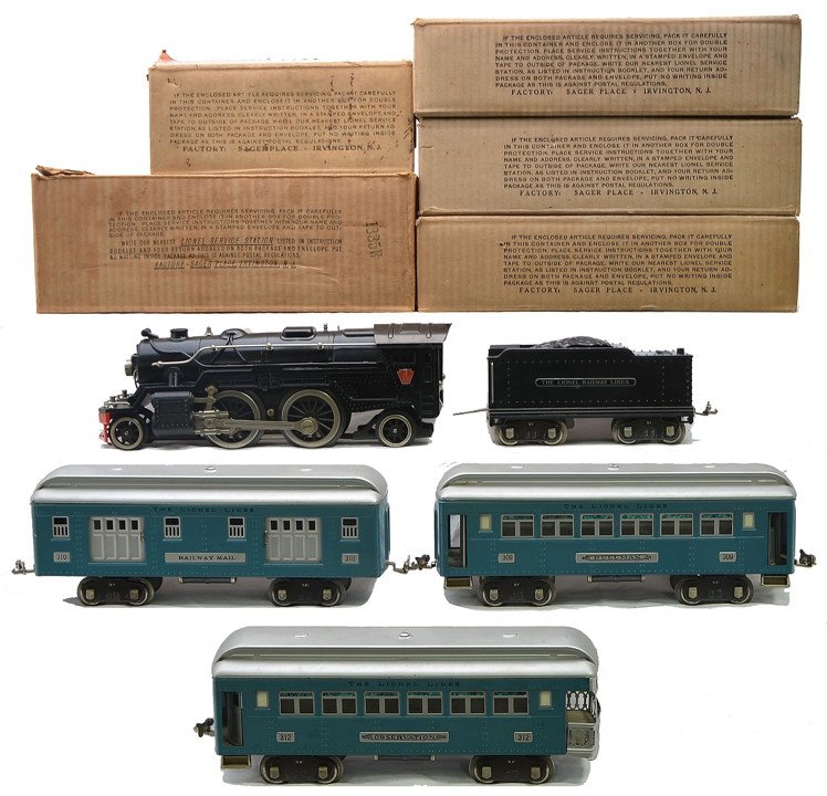 Lionel Light Blue/Aluminum Pass Set 366W OB: Lionel prewar standard gauge passenger set no. 366W, circa 1935-39 in individual OBs. The set contains 1835E black steam loco with painted domes and boiler bands, brass and red LL plate under the wind