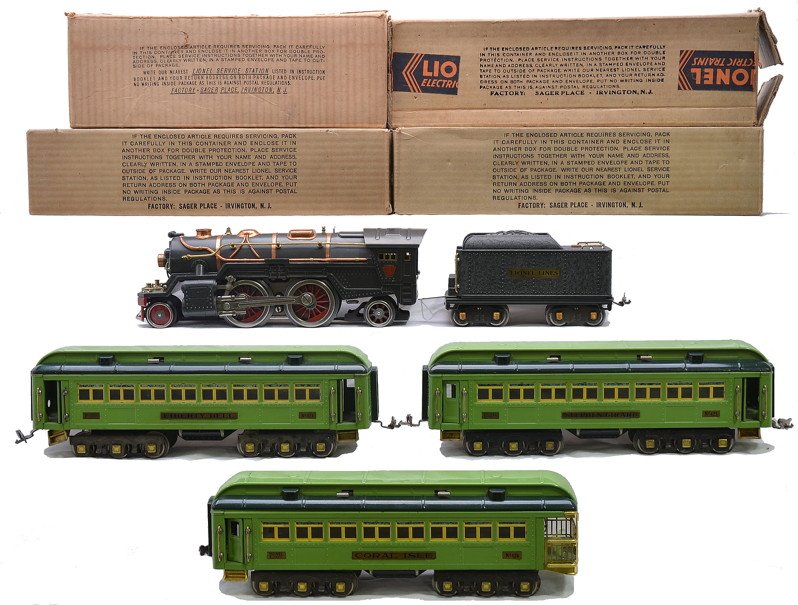 Lionel 2-Tone Gr. Stephen Girard Pass Set 375E: Lionel prewar standard gauge two-tone green Stephen Girard Pennsylvania Limited passenger set no. 375E, circa 1933 all in individual OBs except for the tender. The set contains a 385E dark gunmetal st
