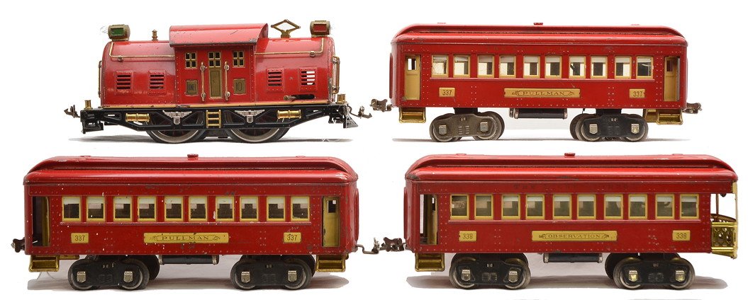 Lionel Red Macys Special Passenger Set: Lionel prewar standard gauge scarce red Macys Special passenger set containing; 10 red electric loco with black lettered brass plates, two 337 Pullmans and a 338 observation with a Macys Special drumh