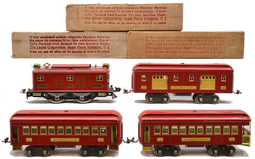 Lionel Std. Ga. Red Passenger Set no. 360: Lionel prewar standard gauge red passenger set no. 360, circa 1931-32 including; 8 electric loco with black lettered brass plates, 332 baggage, 337 Pullman and a 338 observation. The cars have cream i