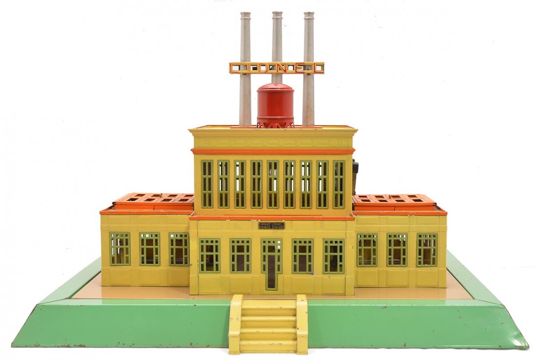 Lionel 840 Industrial Power Station Later Version: Lionel prewar standard gauge 840 industrial power station harder to find later version which has knife switches to the left side of the stack, tan floor and light green base. The station has cream wal