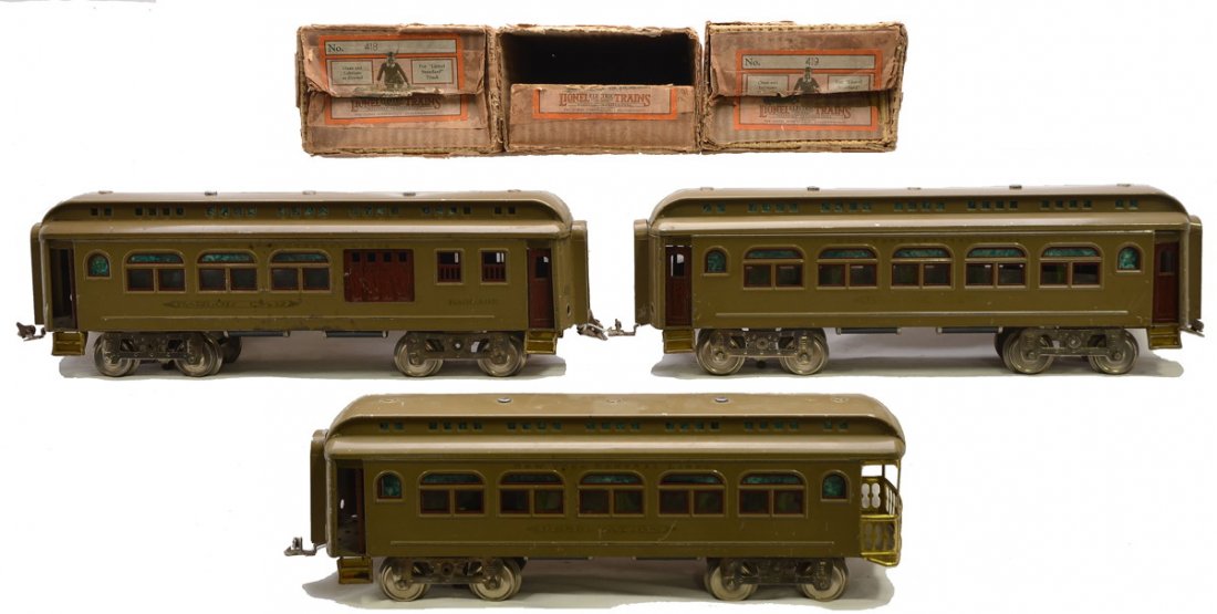 Lionel Std. Ga. Mojave Pass Cars 419 418 490: Lionel prewar standard gauge Mojave passenger cars in OBs, circa 1923-24, the version with four-wheel 10-series trucks, maroon inserts and wood grain doors including; 419 Pullman/baggage, 418 Pullman 
