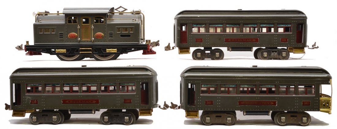 Lionel Std. Ga. Gray Passenger Set no. 342E: Lionel prewar standard gauge gray passenger set no. 342E, circa 1925. The set includes a 318E electric loco with red lettered brass plates, two 339 Pullman and 341 observation. The gray cars have maro