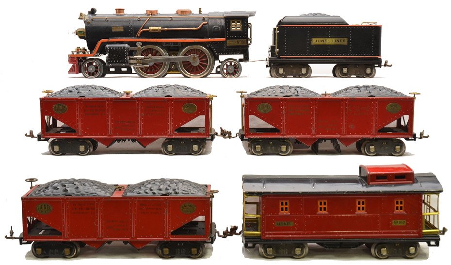 Lionel Std. Ga. Coal Train Freight Set no. 393: Lionel prewar standard gauge desirable Coal Train freight set no. 393, circa 1929. The set contains 390 black steam loco with brass and copper trim, black lettered brass plates under the windows and o
