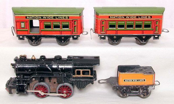 American Flyer Nation Wide Lines train set: Nation Wide Lines passenger set with die-cast loco, tender, combine, and coach, loco has been gutted, coupler hooks on cars are replacements soldered on, C3 overall.