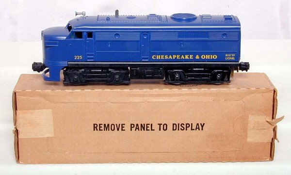 Mint Lionel 225 C&O alco, OB: Lionel 225 Chesapeake & Ohio Alco A unit, unrun, good pilot, C9. OB is C9 w/ inst. sheet.
