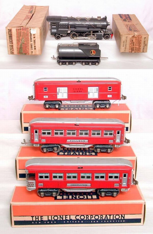 Lionel prewar 255E passenger set, OB's: Lionel prewar 255E Train set with 263WX tender, 613, 614 and 615 red and silver passenger cars. Train set is 100% original, right now graded C5 but a little cleaning and effort would help. Cars all ha