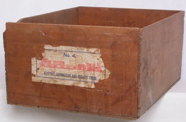 Carlisle and Finch wooden set box for No. 4 train: Carlisle and Finch wooden set box for No. 4 train set, no lid, as shown in photo. Very tough find. IMPORTANT: Stout Auctions has changed our grading standards to follow the new TCA standards. Please r