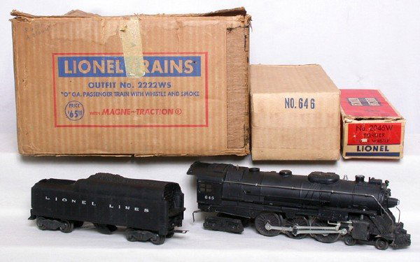 Lionel 2222WS set box and a 646 Hudson: Lionel 2222WS set box that is complete but worn. Includes 646 steam loco with a 2046W tender C7+. Engine OB is blue letter variation, no insert, C8. Tender OB has end flaps but is worn.