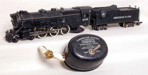 American Flyer 314AW PRR 4-6-2 & whistle control: American Flyer 314AW PRR 4-6-2 and tender with whistle control box, trailing truck and both tender trucks are replacements, engine is C5 overall, controller is C4.