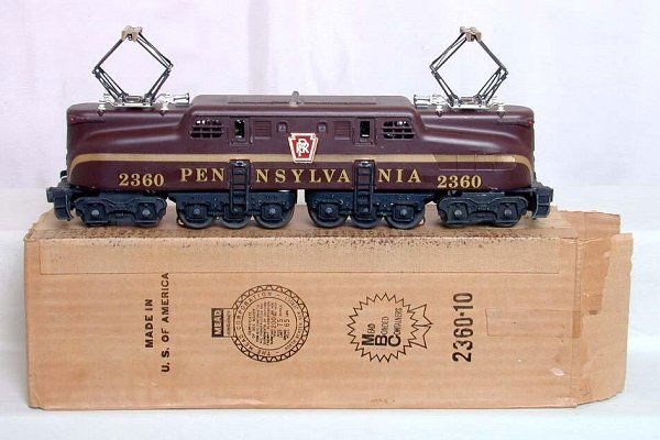 Lionel 2360 Pennsylvania GG1 in OB: Lionel 2360 Pennsylvania GG1, keystone decals and decal lettering are 99%, bright gold painted striping. C8. OB is Mead 2360-10 C7+, includes insert.