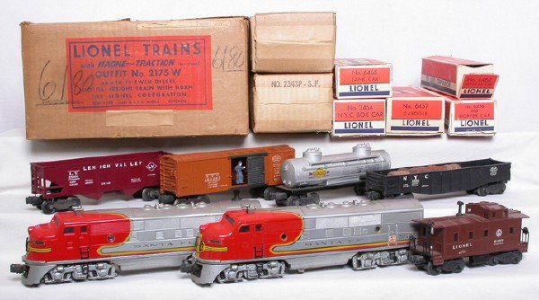 Lionel 2175W set w/ 2343 Santa Fe F3s, OB: Lionel 2175W set including 2343 Santa Fe F3 A-A set, cars 3464 6462 6456 6465 6457; engine have no battery damage, nose decals are 95+% intact, but silver paint does have some rubs that show yellow mo