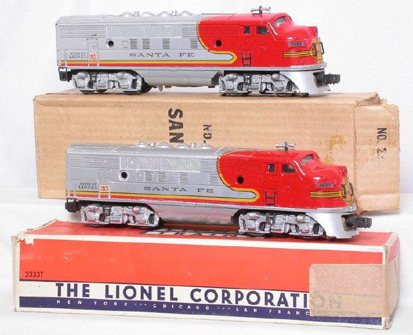 Lionel 2333 Santa Fe F3 set, screen-top, OBs: Lionel 2333 Santa Fe F3 set, screen-top, tough to grade. Good news, no battery damage, GM decals are intact, no rust, silver on both carbodies and chassis is exceptionally bright; Bad news, nose decal