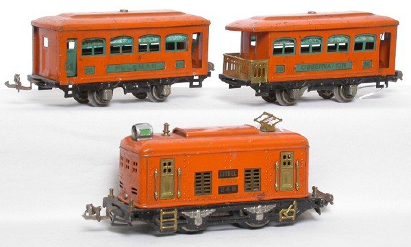 Lionel 248 Orange Electric with 629, 630: Lionel prewar O gauge 248 orange electric with 629 Pullman, and 630 Observation. 248 loco has replaced headlight C5.