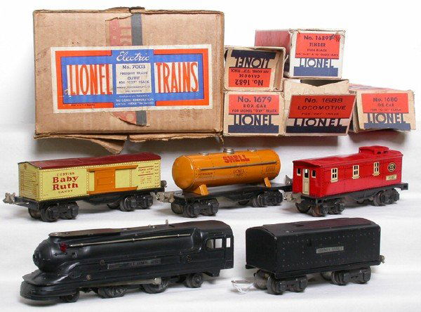 1688-1689T steam with 1679 1680 1682 set box: Lionel prewar O gauge set 7003 with 1688 steam, 1689T tender, 1679 Baby Ruth, 1680 Tank, 1682 caboose in OB with set box. set is C7-8. OBs have detached end flaps.