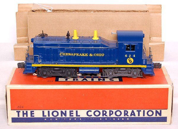 Lionel 624 C&O NW-2 Switcher Test Run Boxed: Lionel postwar 624 Chesapeake & Ohio NW-2 Switcher with light run time. Switcher has some minor box rubs, decals are intact C9. OB has insert, paper, and instructions with one end flap repaired C8.