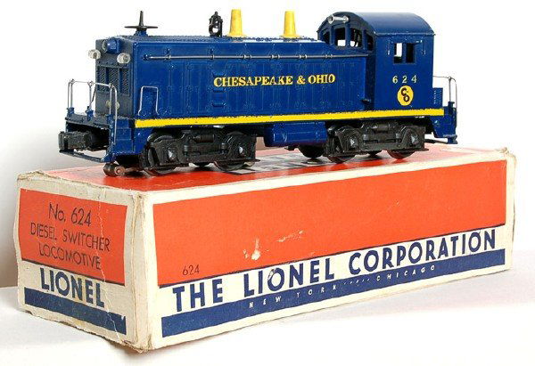 Lionel 624 C&O NW-2 Switcher Boxed: Lionel postwar 624 Chesapeake & Ohio NW-2 Switcher in OB with insert C7. OB has taped flaps.