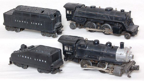 Lionel 1656 0-4-0 and tender, 1654 2-4-2 2466W: Lionel 1656 0-4-0 and tender, 1654 2-4-2 and 2466W tender. 1656 has a repainted smokebox O/W all are original C6+.