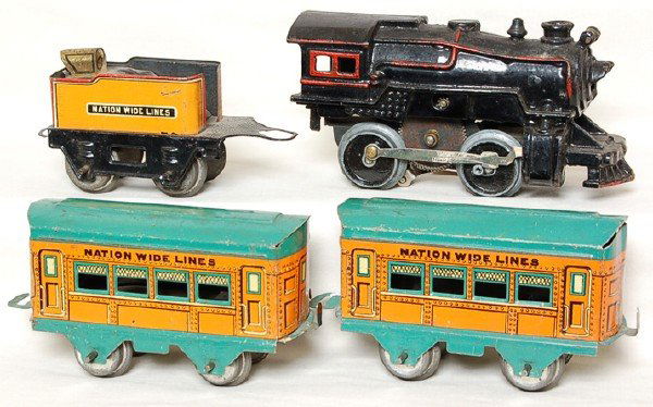 American Flyer Nation Wide Lines train set: American Flyer Nation Wide Lines set with electric loco, Nation Wide Lines orange tender and two Nation Wide Lines Pullmans. Set is C6.