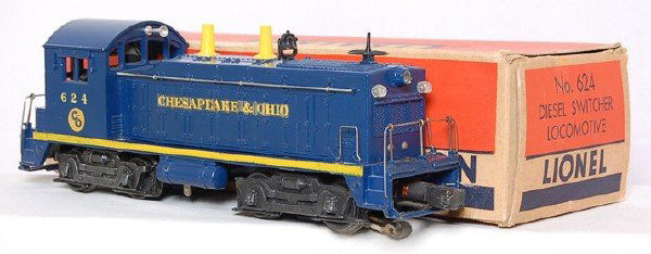 Lionel 624 Chesapeake and Ohio switcher, OB: Lionel 624 Chesapeake and Ohio, round decal on one side is about 35% missing, rest of train C7. OB is complete but does have some light spots of wear.