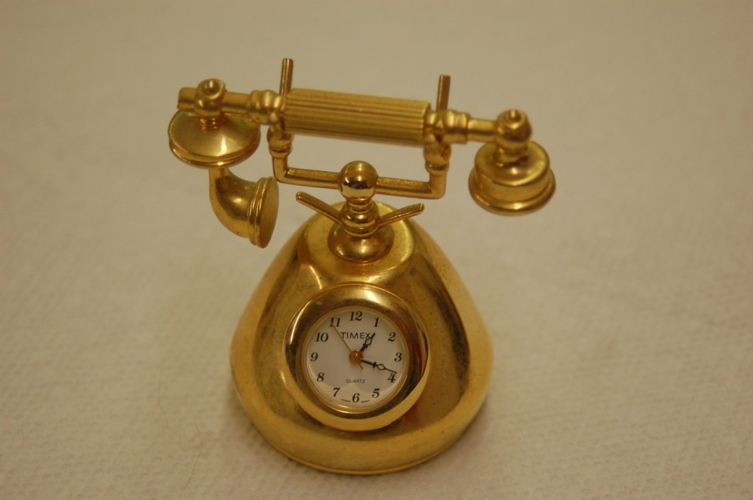 HEAVY MINI TIMEX CLOCK VINTAGE GOLD PHONE: HEAVY MINI GOLD TIMEX CLOCK OLD PHONE