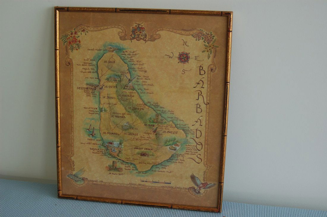 POSTER SIZE MAP BARBADOS: POSTER SIZE MAP BARBADOS VINTAGE NICE BAMBOO LOOKING FRAME