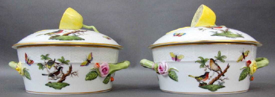 Pair Of Herend Bowls: Signed. Covers with figural lemon. Handles, Matched pair. H. 5-1/2", Dia. 6-1/2"
