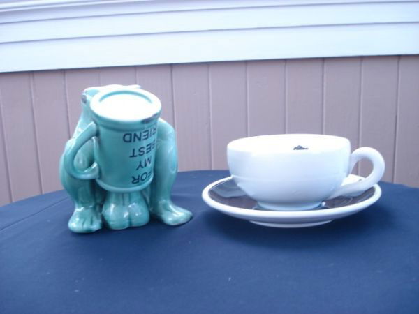 Two Pieces of Porcelain Erotica: Two Pieces of Porcelain Erotica: frog sculpture, tea cup and saucer