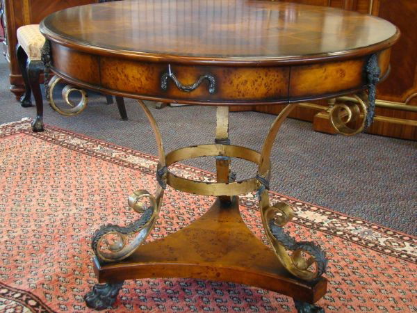 Foyer Table Althorp Collection: Foyer Table, inlay top, metal carved center stand on claw tripod base, H. 31" Dia. 36", from Althorp Collection