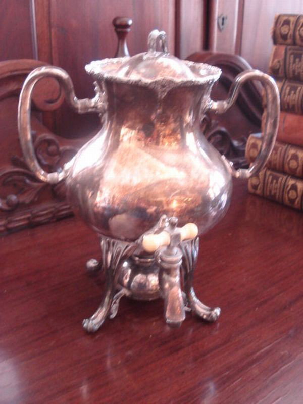 Silverplate Hot Water Kettle: Silverplate Hot Water Kettle, bakelite spigot, H. 12"