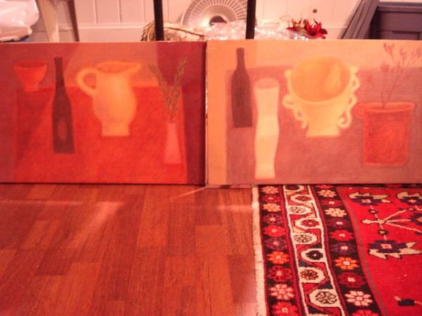 Two Contemporary Acrylics by Sue Williams: Two Contemporary Acrylics by Sue Williams, abstract still-lifes, both unsigned, 15" x 22"