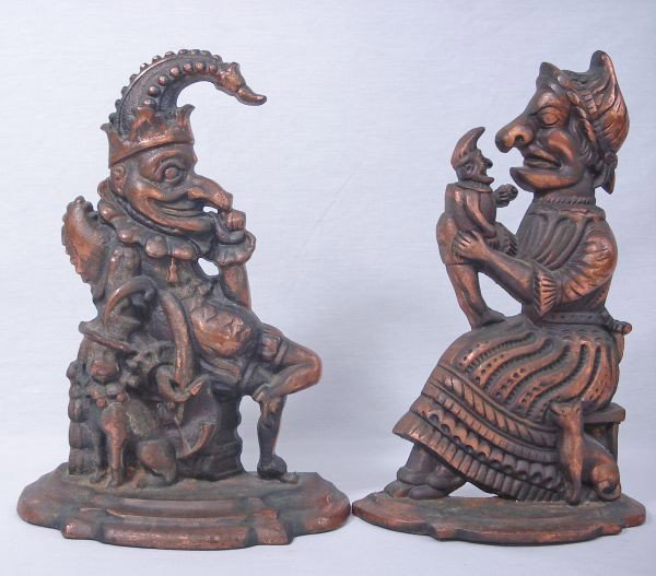 Pair Cast Jester Doorstops: Pair Cast Jester Doorstops: female and male jester, 9" x 12.25"