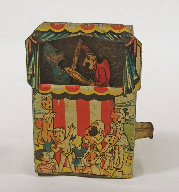 Early Mechanical Tin Puppet Show Bank: Early Mechanical Tin Puppet Show Bank, H. 4.5"