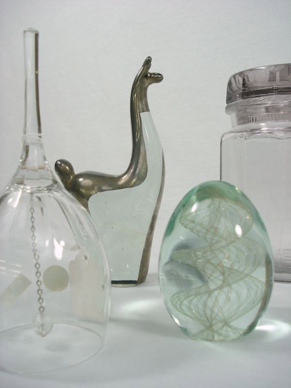 4 Glass items: 4 Glass items, includes paperweight, Czech Crystal Bell, Glass Llama Sculpture with Silver Overlay, and Glass Biscuit Jar