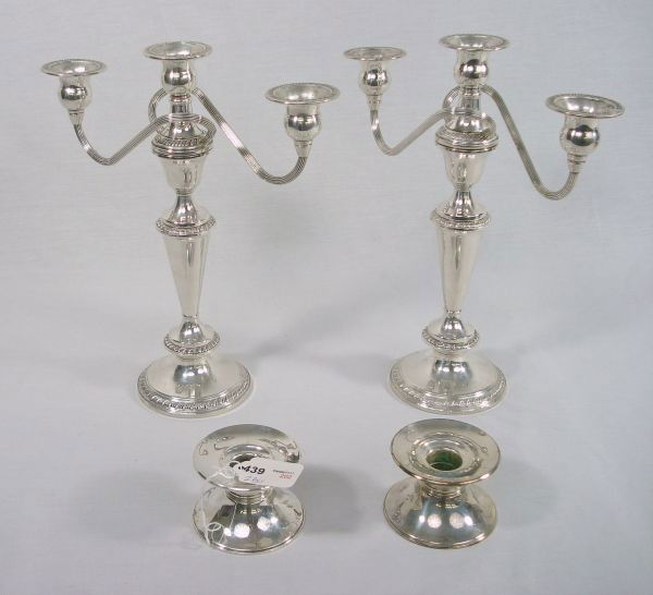 Sterling Silver: Pair Candelabra and Pair Candleho: Sterling Silver: pair 3-light candelabra, H. 11" by Crown; pair candleholders by Gorham, H. 2" (Weighted)